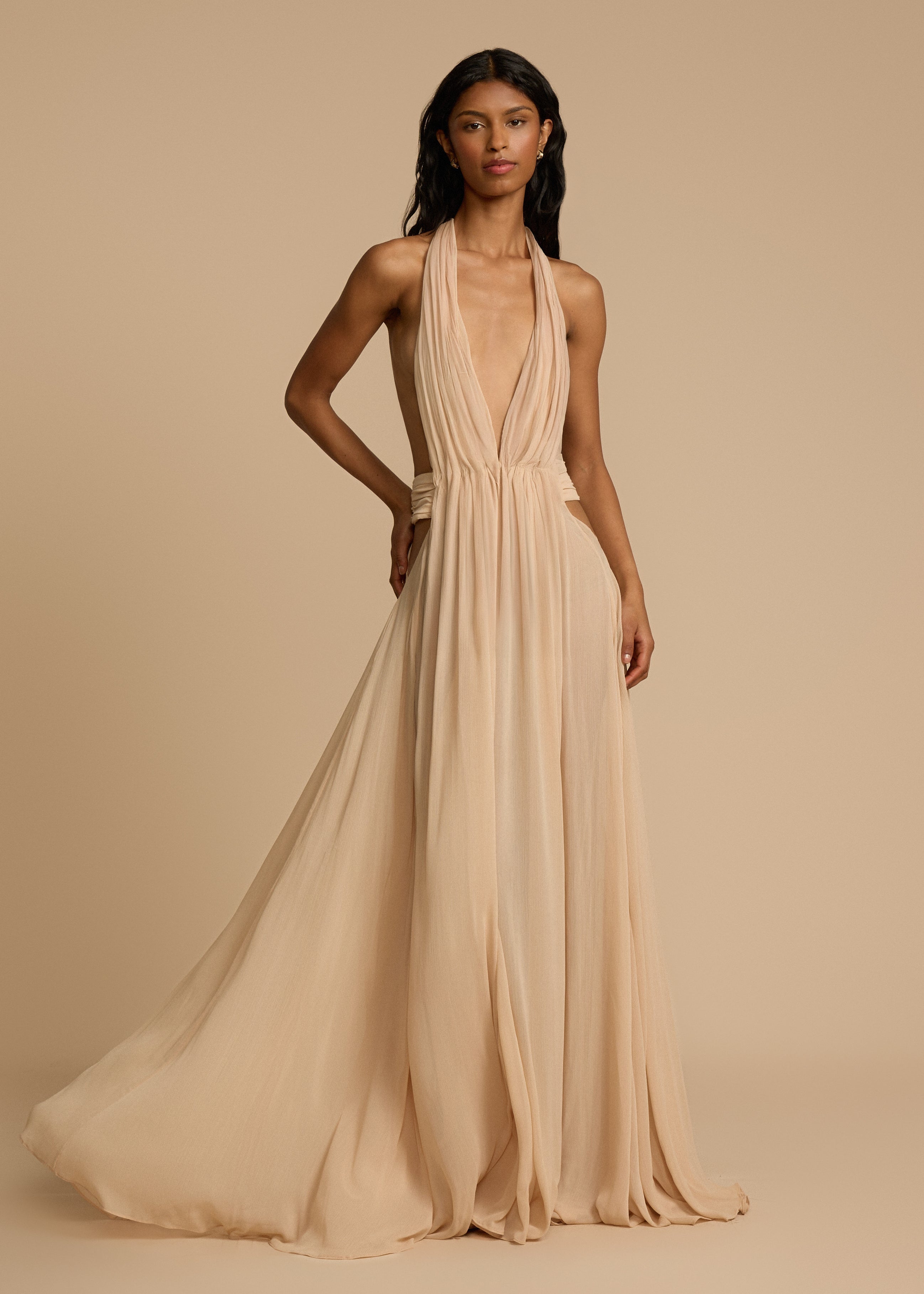 Alouesse – Plunge drape – Halter maxi gown-10174868488519-Ivory Ombre