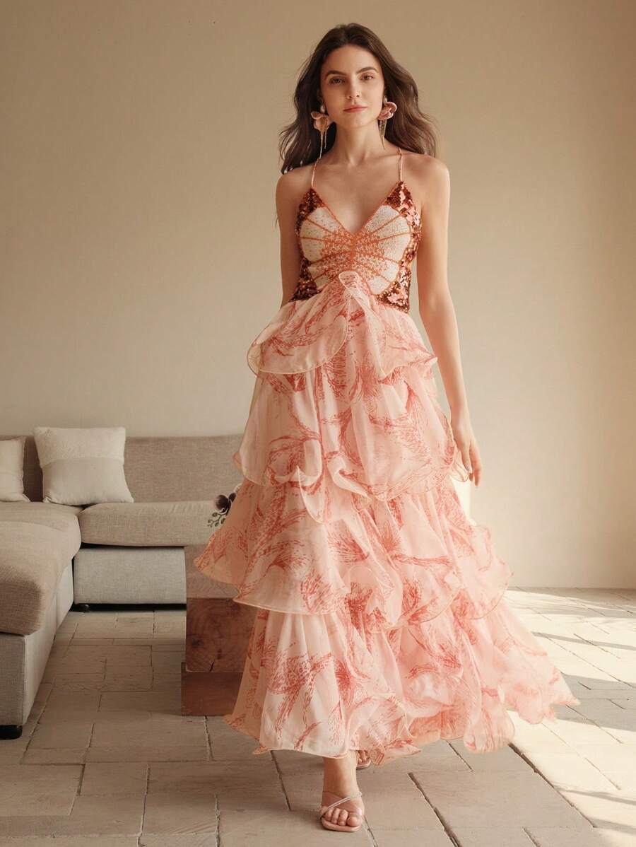 Anika – Tiered ruffle print – Maxi dress-10174870159687-Ivory Ombre