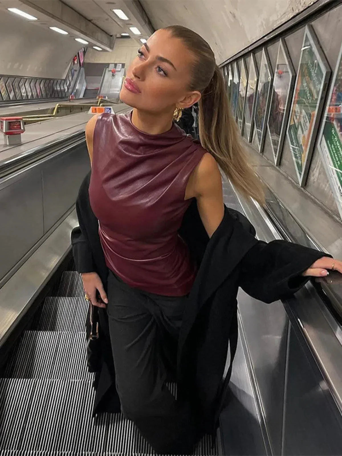 Arietta – Asymmetrical hemline – Faux leather top-10174842470727-Ivory Ombre