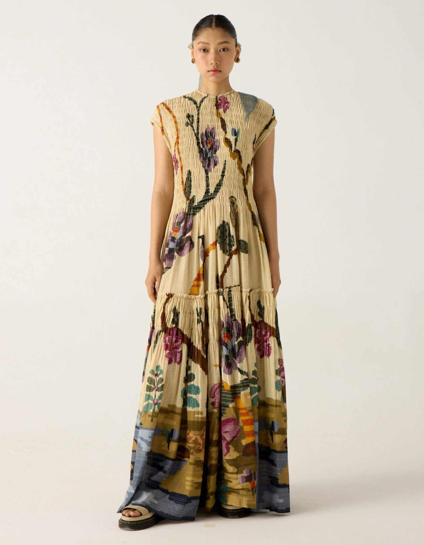 Averine – Painted pleat texture – Cap sleeve maxi dress-10183309361479-Ivory Ombre