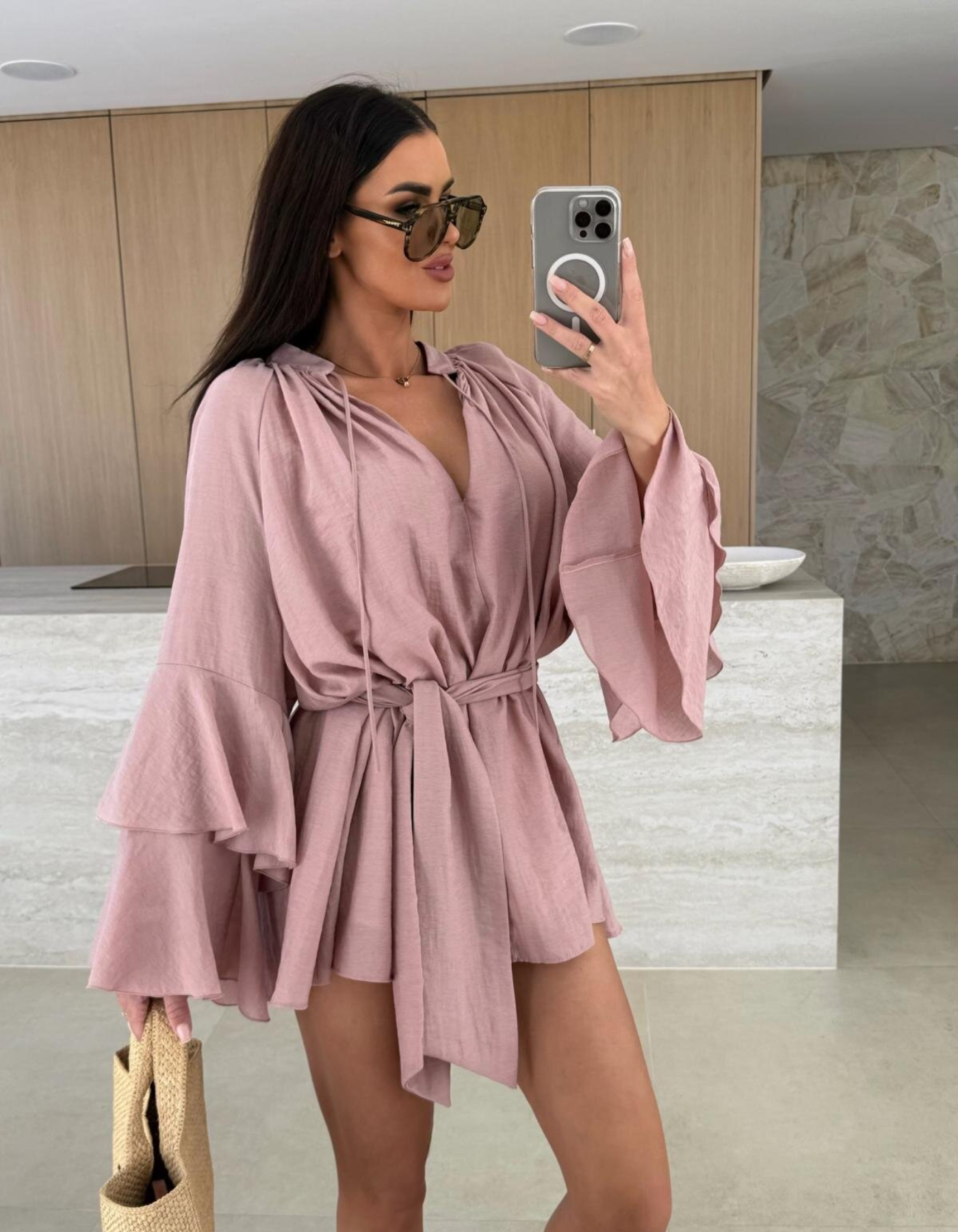 Avianor – Flared sleeve – Tie-waist playsuit-10197523726663-Ivory Ombre