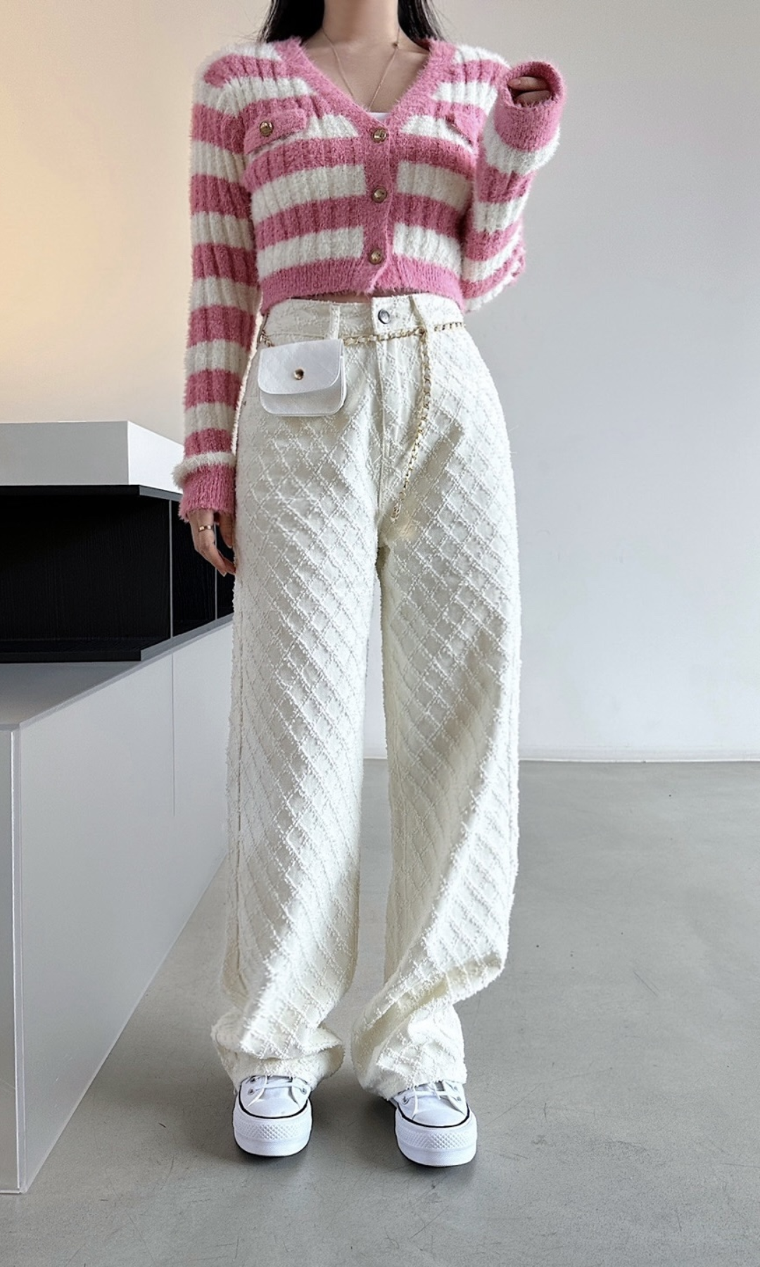 Cerelline – Textured lattice weave – Wide leg trousers-10174848205127-Ivory Ombre