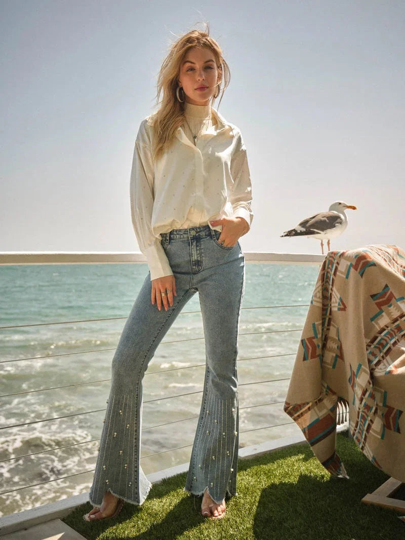 Emanuela – Rhinestone embellished – Boot cut flared jeans-10174844633415-Ivory Ombre