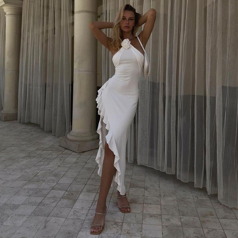 Floravie – Ruffle trim – Halter midi dress-10174858461511-Ivory Ombre