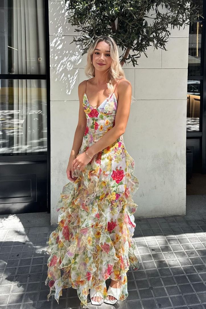 Floraviera – Ruffled high-slit – Floral mesh gown-10174858199367-Ivory Ombre