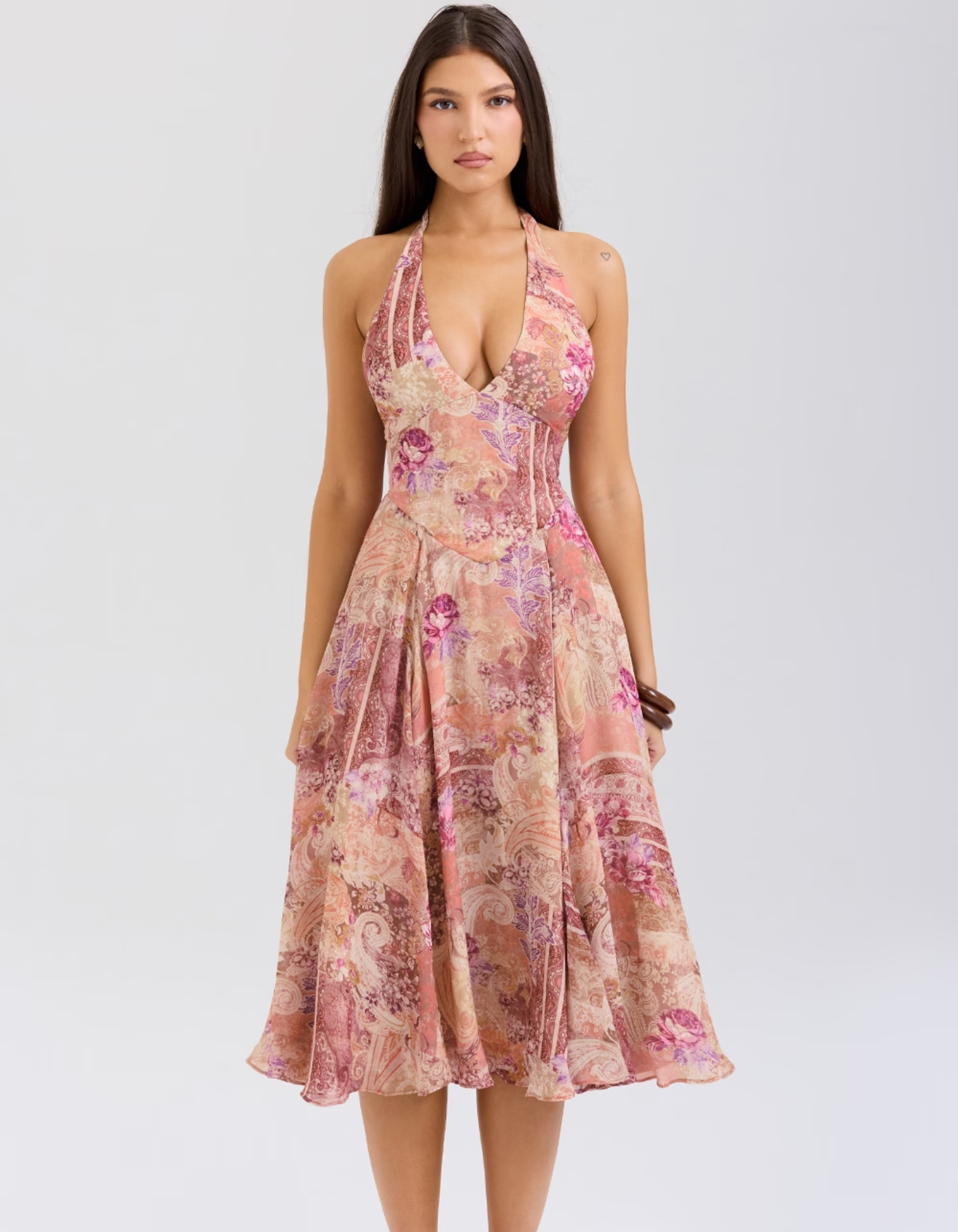 Joceline – Paisley patchwork print – Halter midi dress-10174741643591-Ivory Ombre