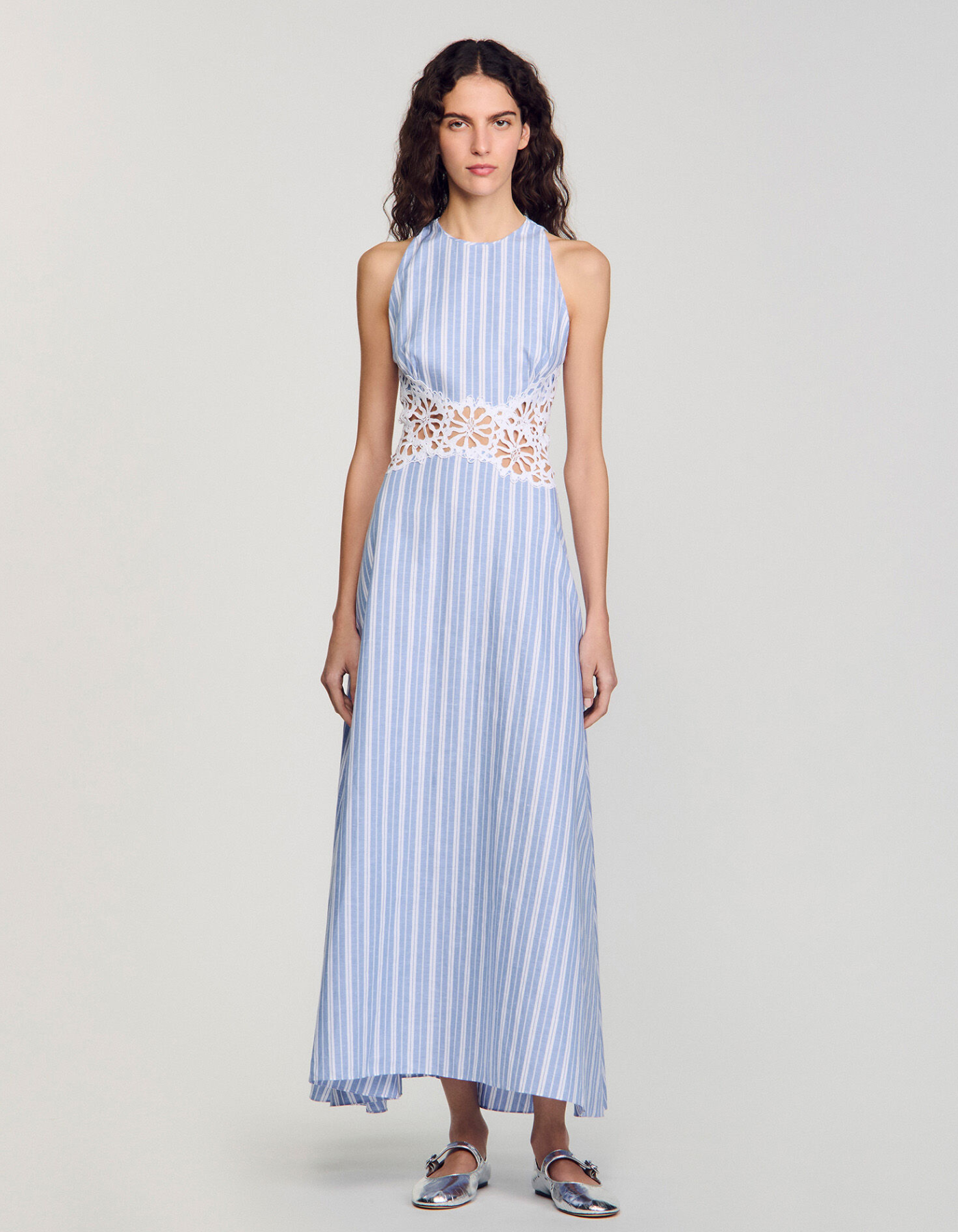 Lunarae – Lace cutout detail – Striped midi dress-10183315226951-Ivory Ombre