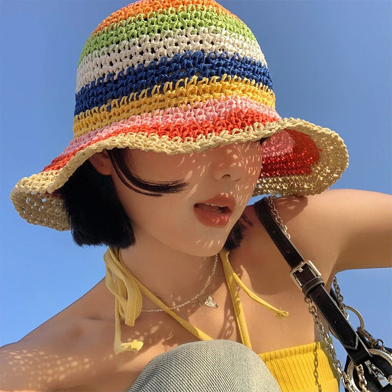 Lunaria – Rainbow stripe – Crochet sun hat-10174849810759-Ivory Ombre