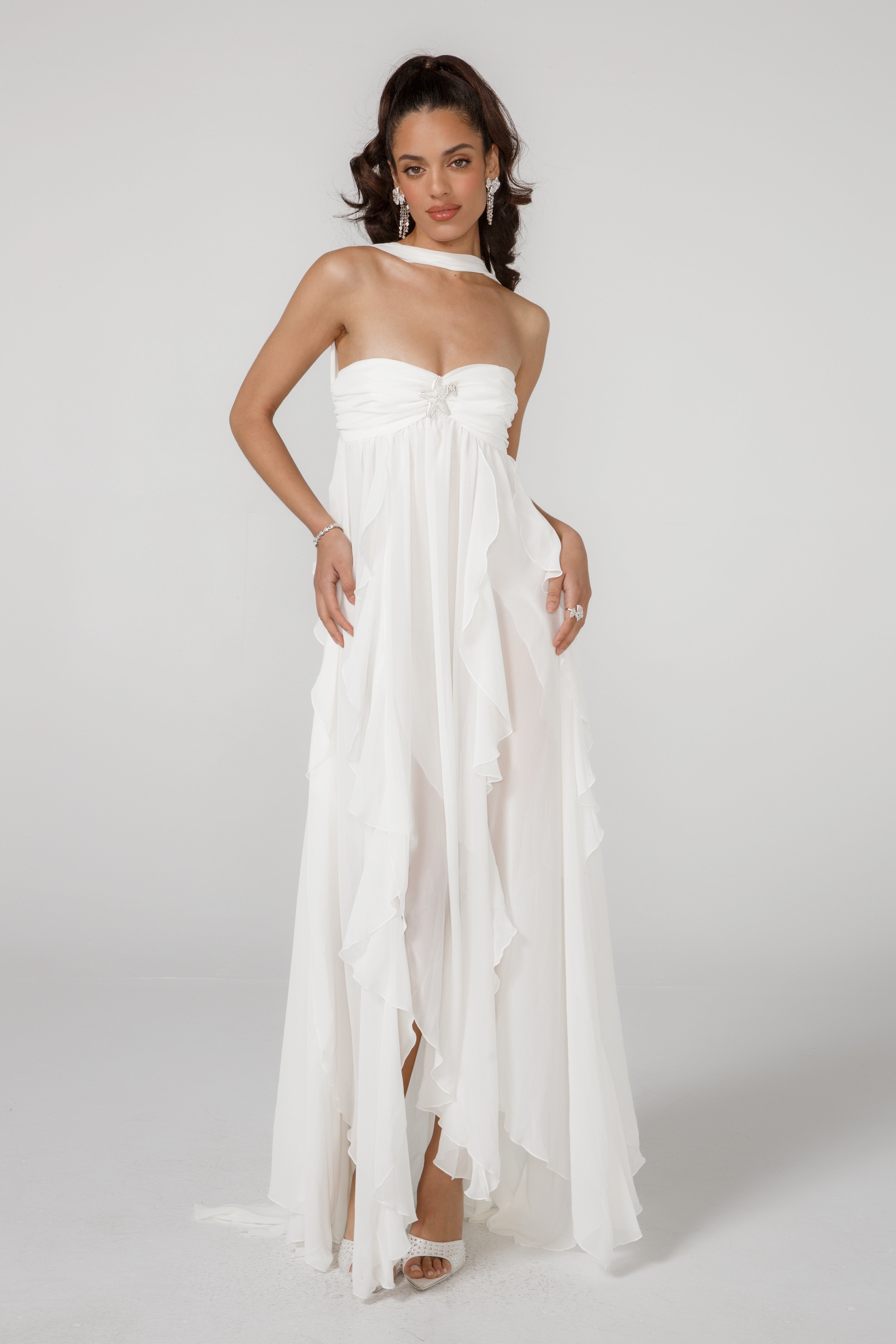 Lunariah – Ruffled drape – Strapless maxi dress-10178272362823-Ivory Ombre