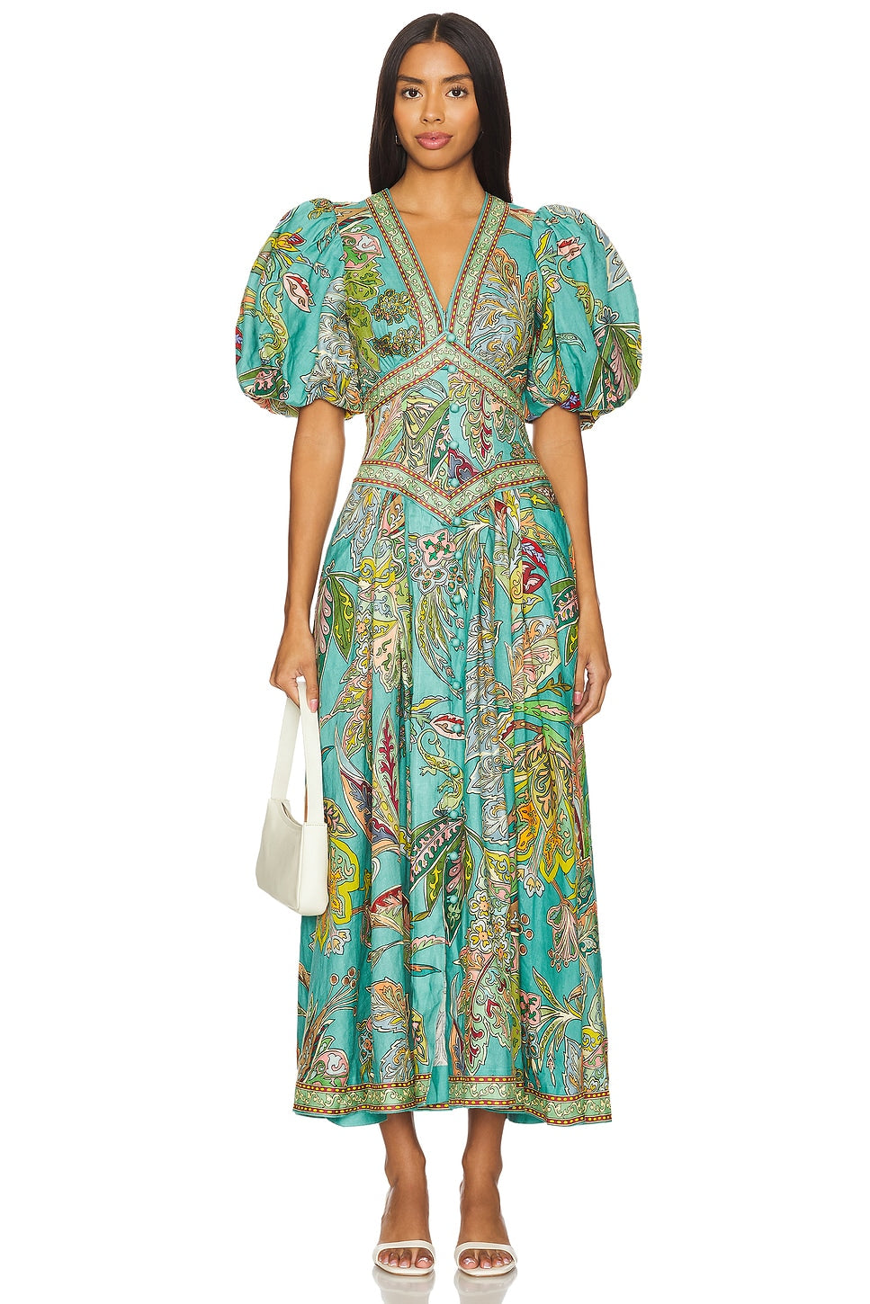 Maelisor – Bohemian paisley – Puff sleeve midi dress-10196521681223-Ivory Ombre