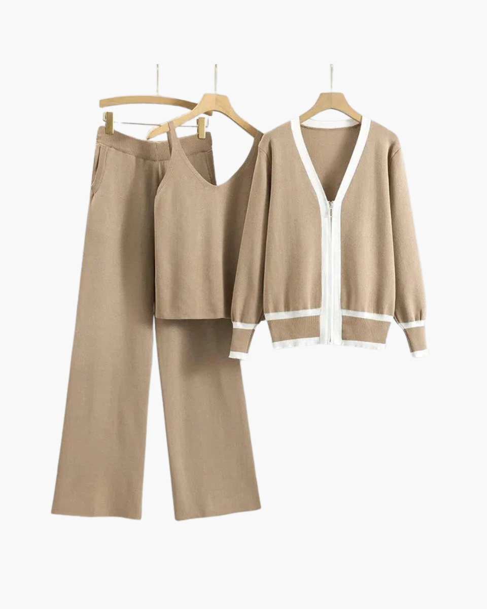 Marguerite – V-neck zip-up cardigan – Three-piece knit set-10174756028743-Ivory Ombre