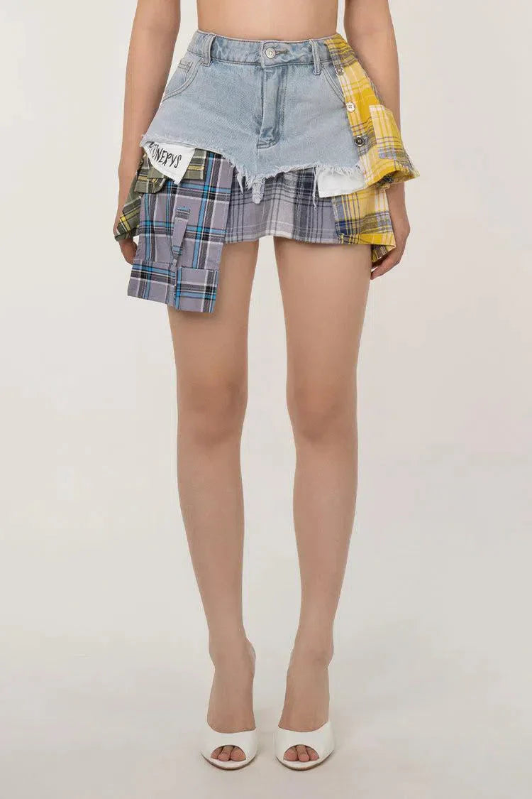 Monica – Plaid panels – Layered denim mini skirt-10174843552071-Ivory Ombre
