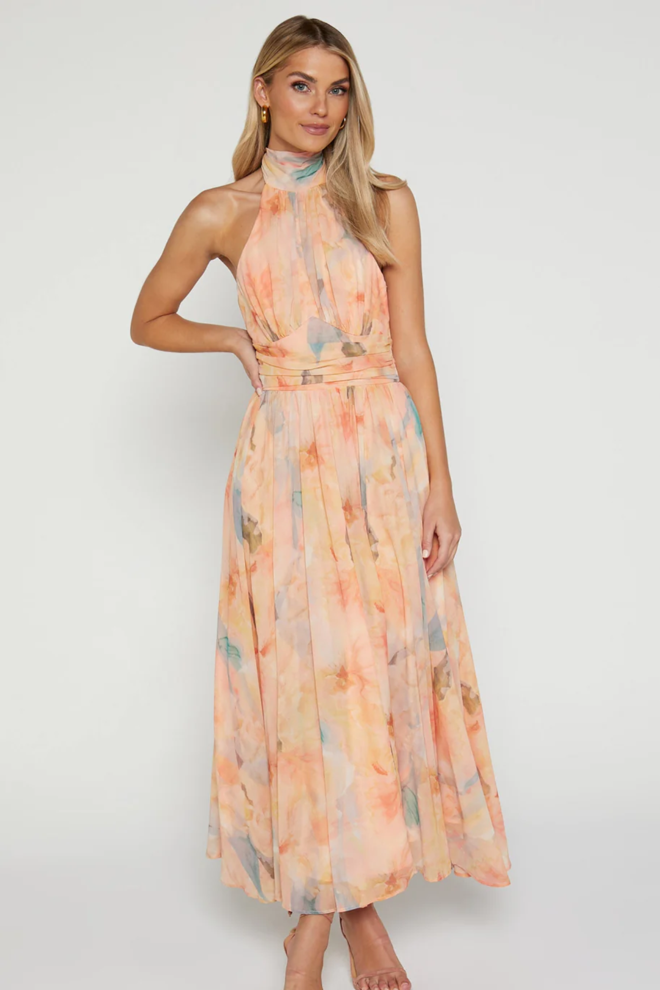 Noevienne – Watercolour print – Halterneck maxi dress-10195576521031-Ivory Ombre