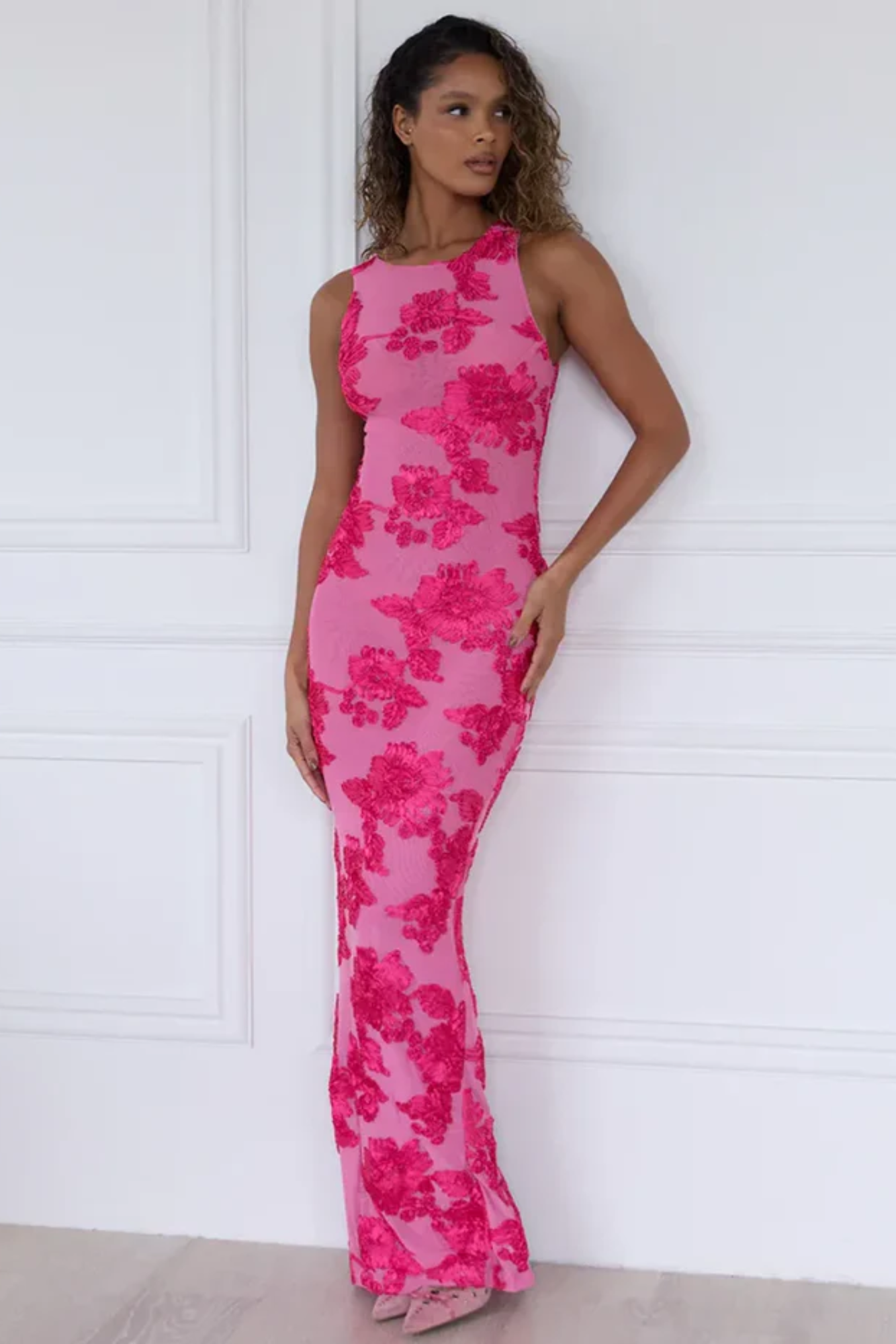 Rose – Fuchsia applique flair – Sleeveless column dress-10174852399431-Ivory Ombre