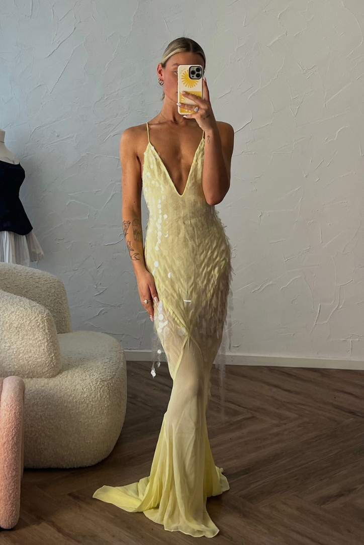 Solea – Sequin feathered texture – Maxi dress-10174729781575-Ivory Ombre