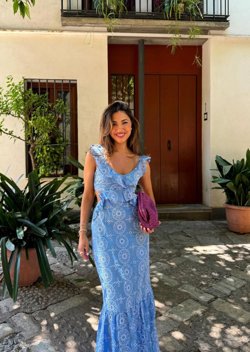 Solenca – Embroidered cut-out – Ruffle hem midi dress-10174858395975-Ivory Ombre