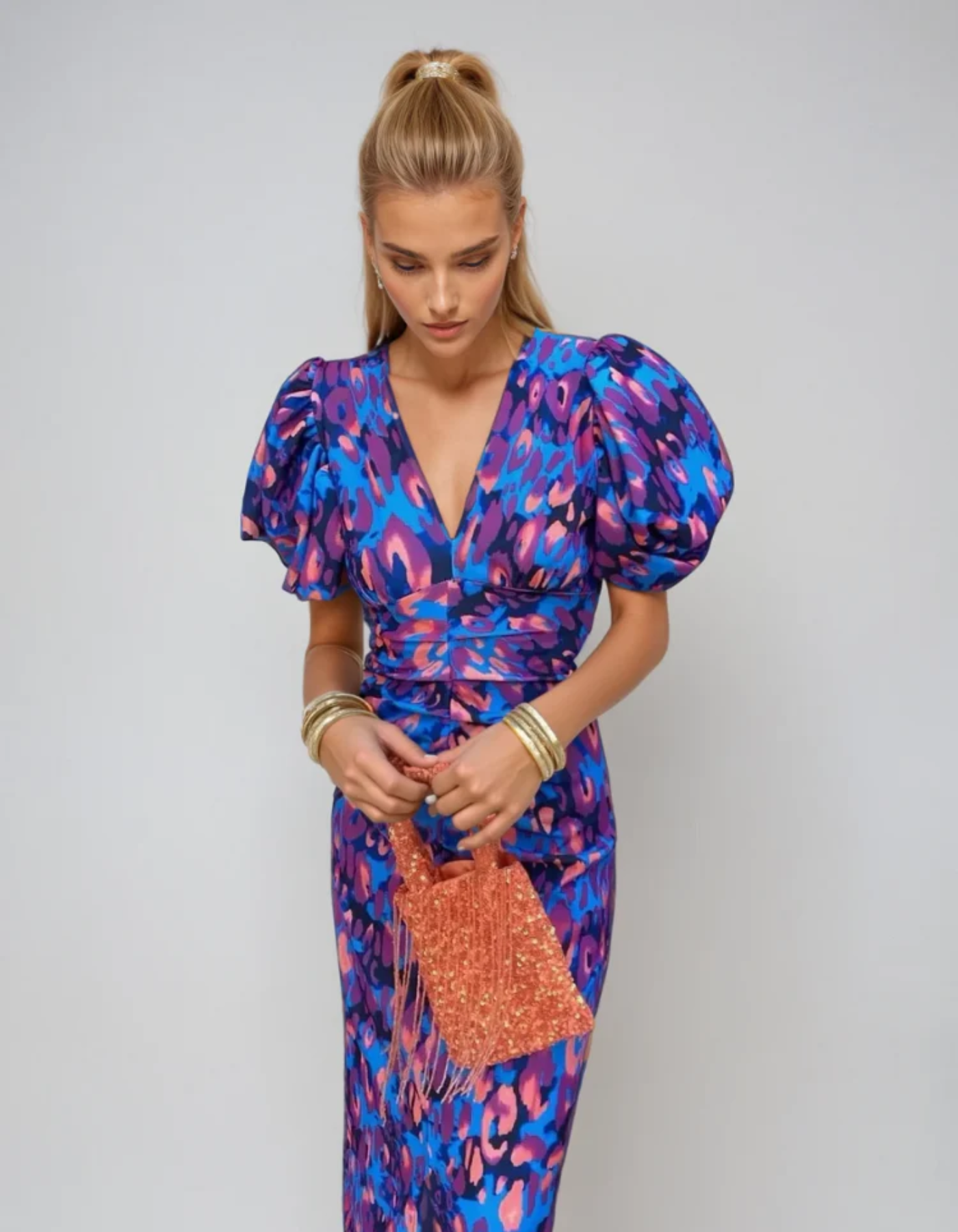 Valerissa – Bold abstract – Puff sleeve midi dress-10174856036679-Ivory Ombre