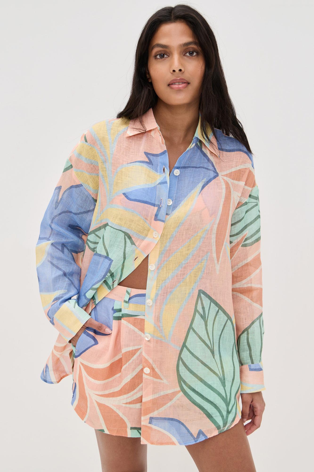 Viretta – Tropical leaf print – Oversized shirt-10199105503559-Ivory Ombre