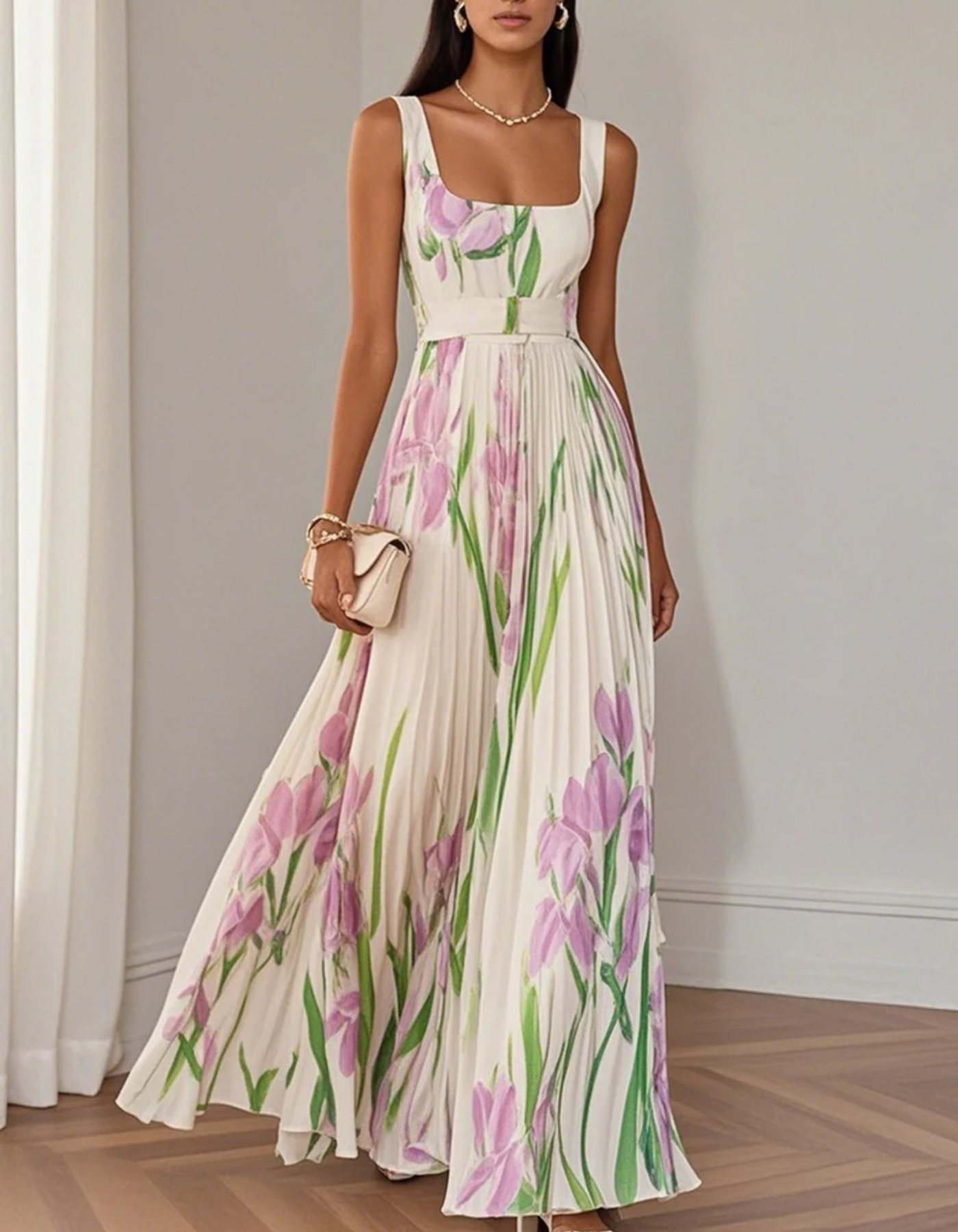 Vivienna – Watercolour floral – Pleated maxi dress-10192062447943-Ivory Ombre