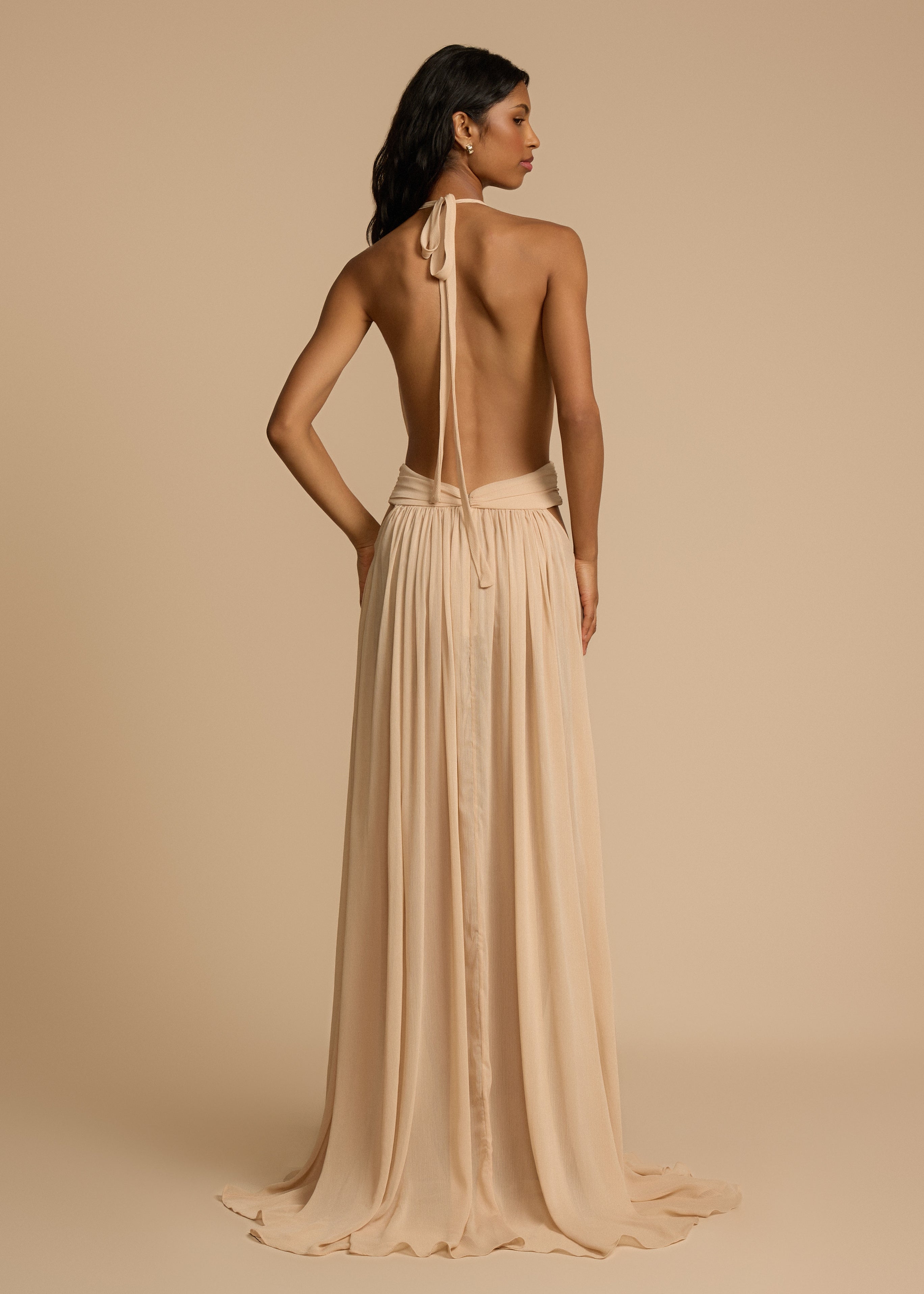 Alouesse – Plunge drape – Halter maxi gown-10174868488519-Ivory Ombre