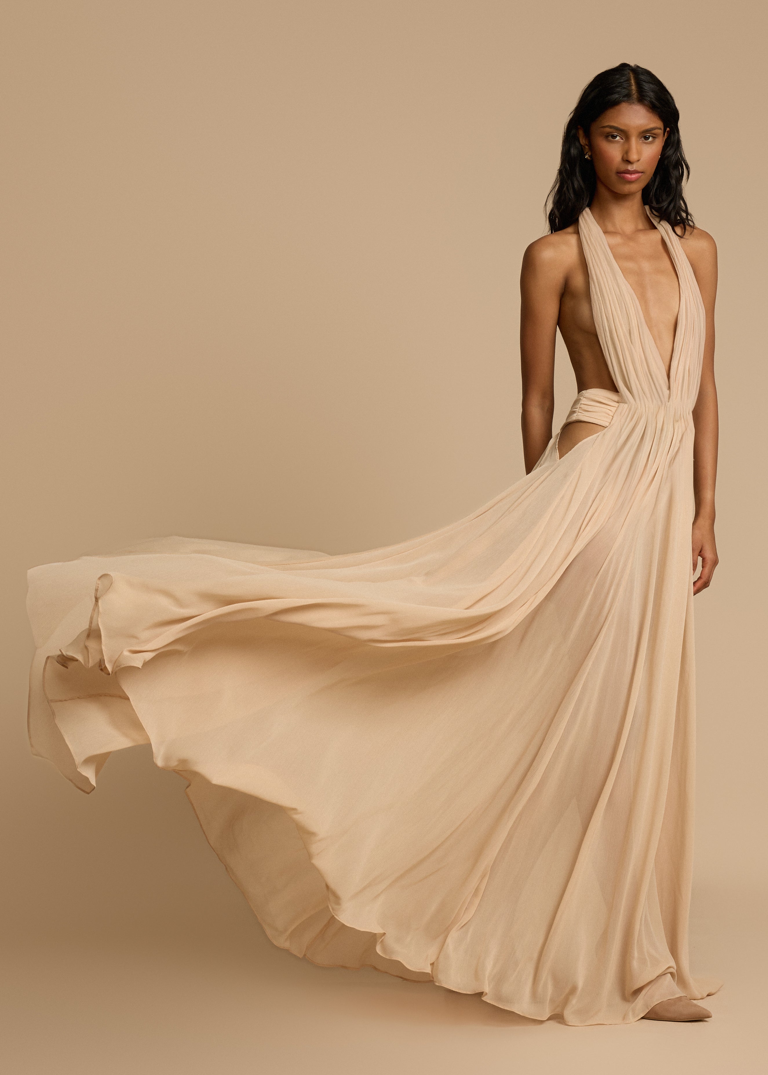 Alouesse – Plunge drape – Halter maxi gown-10174868488519-Ivory Ombre