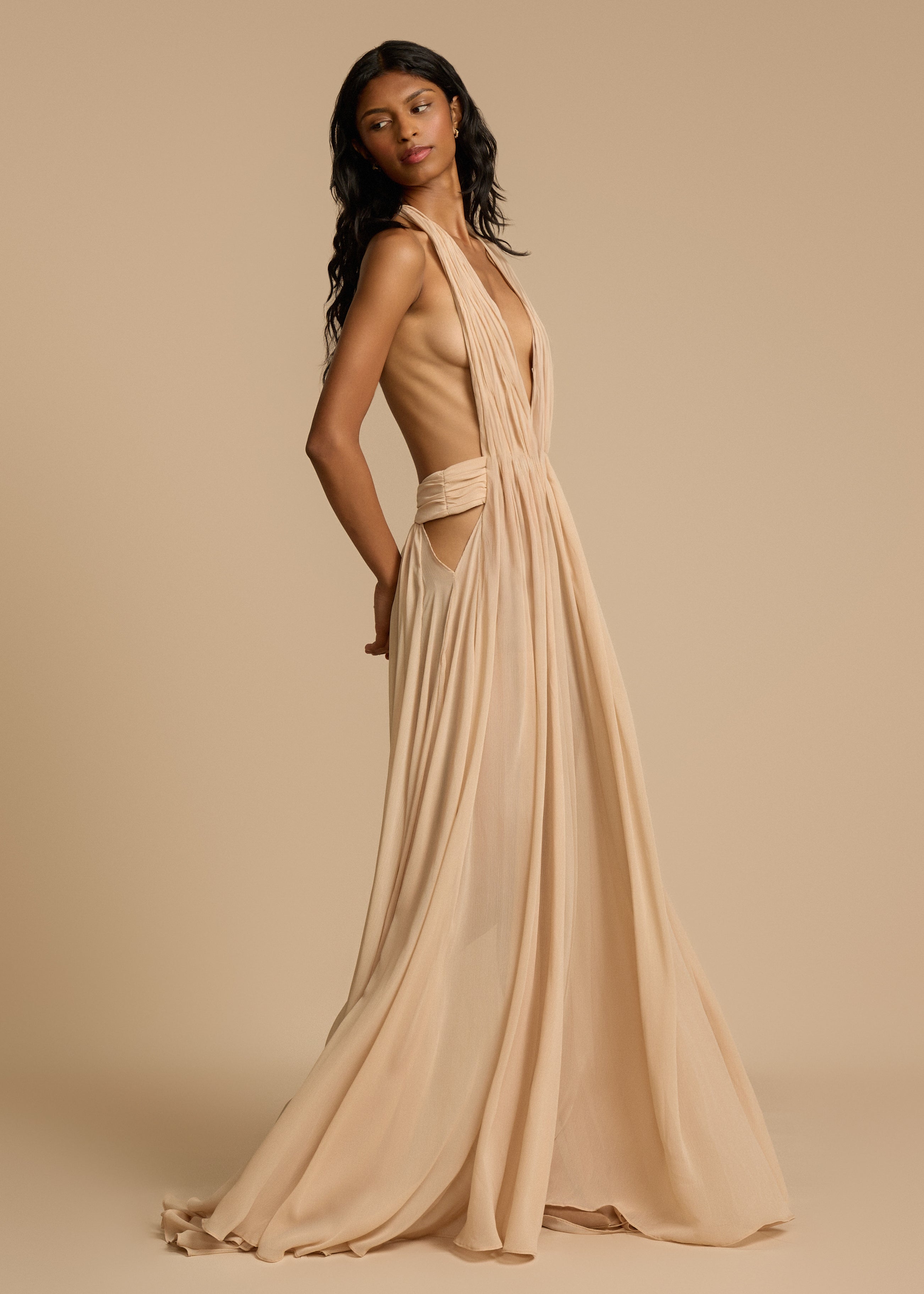 Alouesse – Plunge drape – Halter maxi gown-10174868488519-Ivory Ombre
