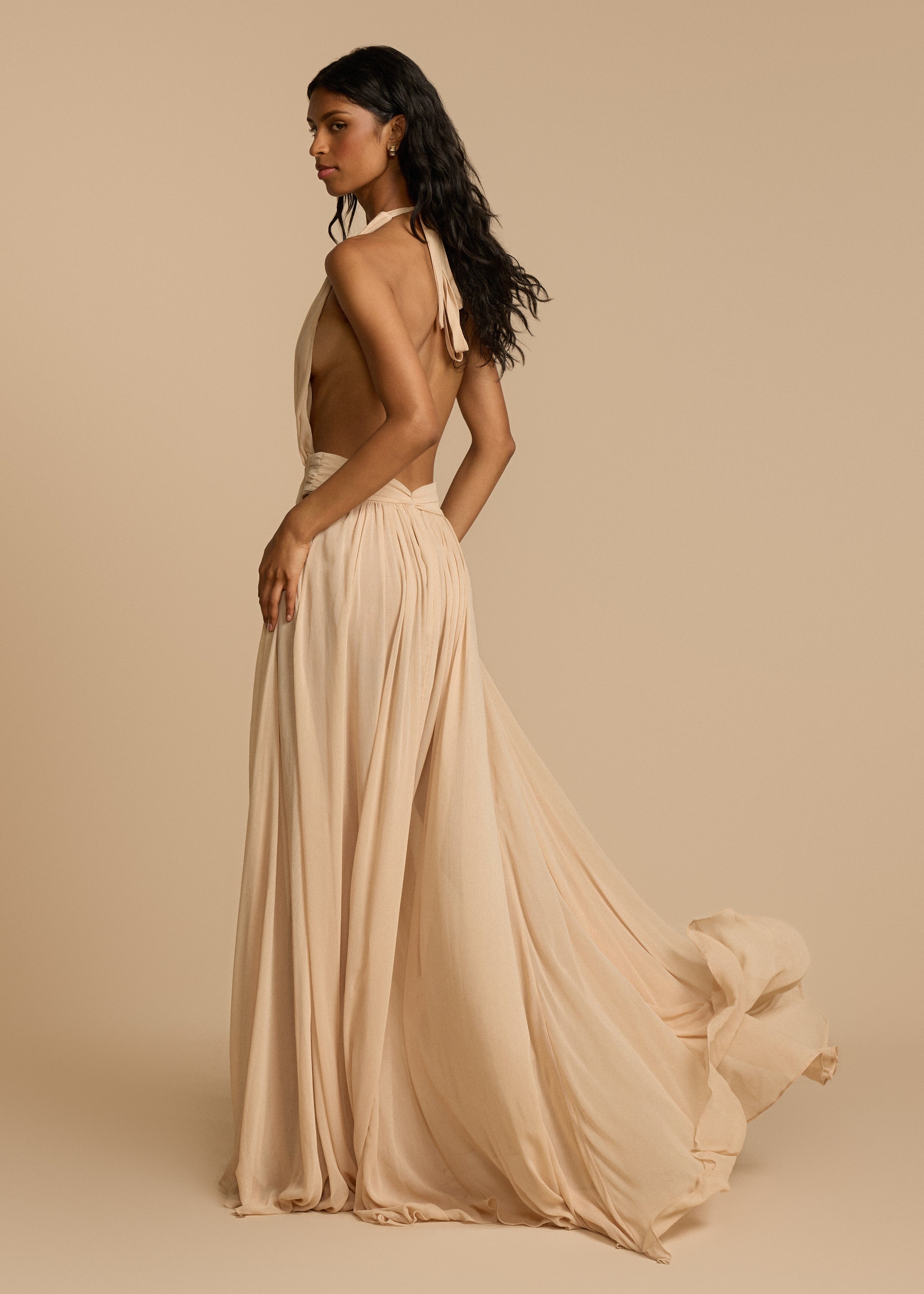 Alouesse – Plunge drape – Halter maxi gown-10174868488519-Ivory Ombre