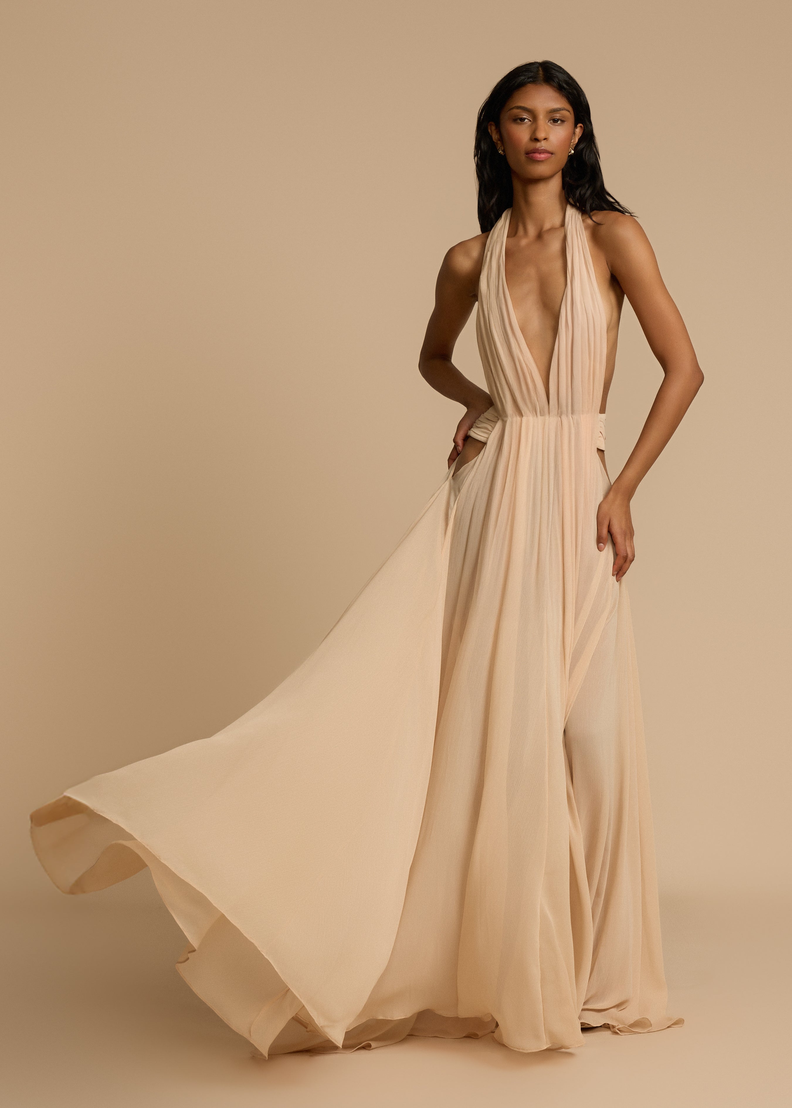 Alouesse – Plunge drape – Halter maxi gown-10174868488519-Ivory Ombre