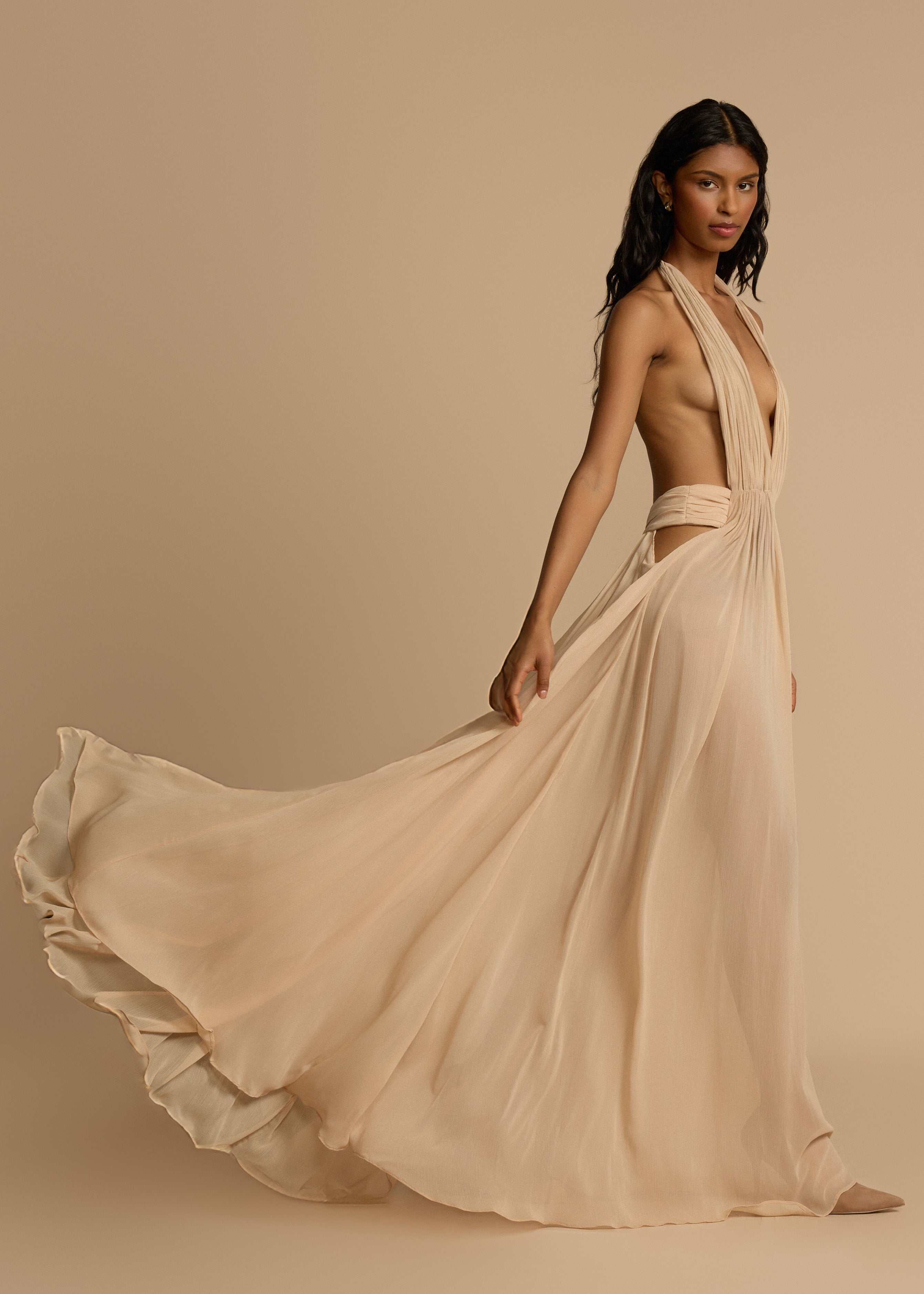 Alouesse – Plunge drape – Halter maxi gown-10174868488519-Ivory Ombre