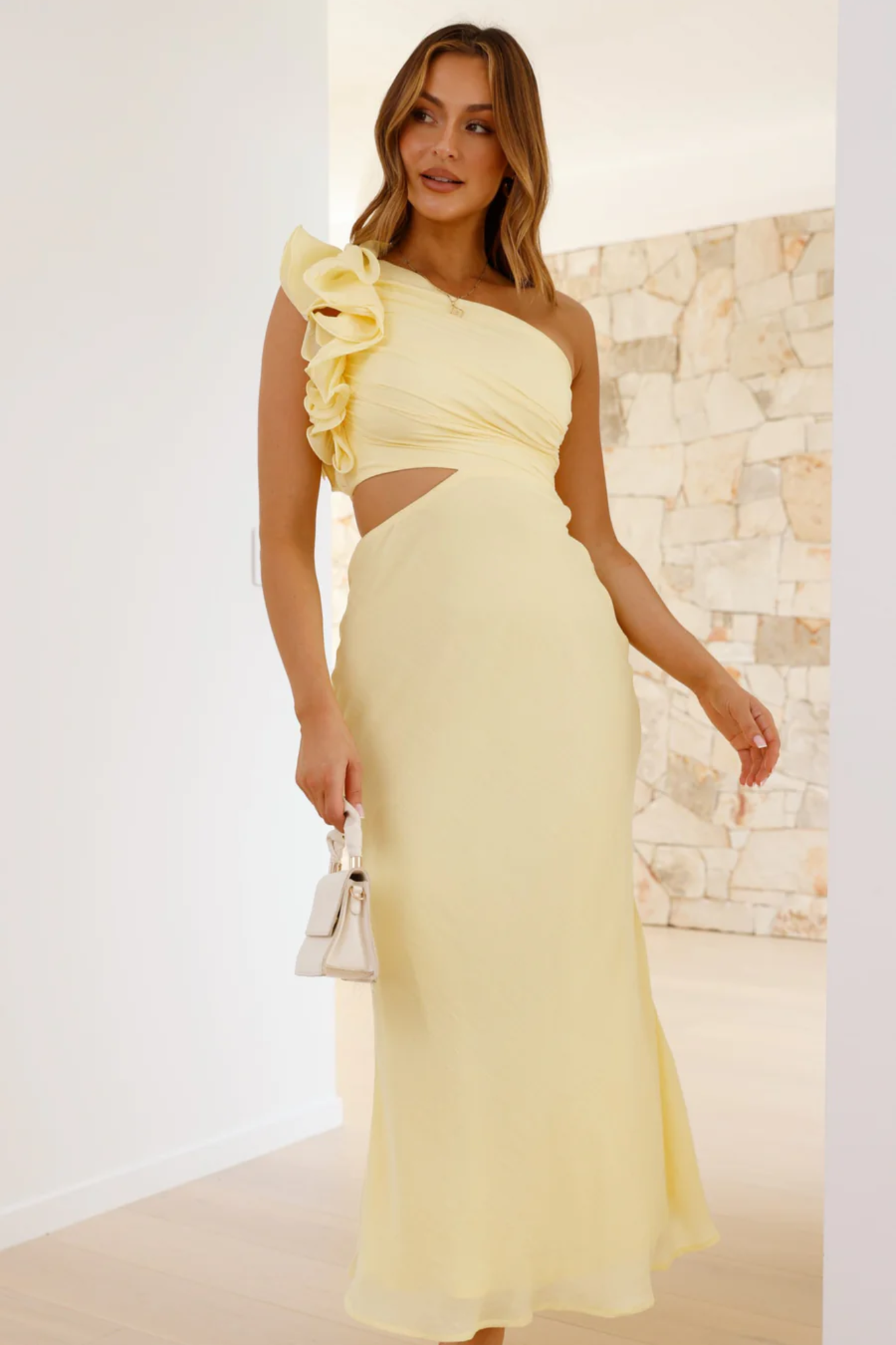 Amarilune – Ruffled shoulder – One-shoulder midi dress-10174857806151-Ivory Ombre