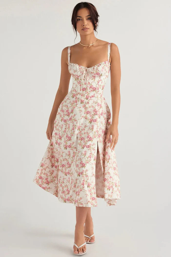 Amelie – Corset bloom – Floral midi dress-10174853448007-Ivory Ombre