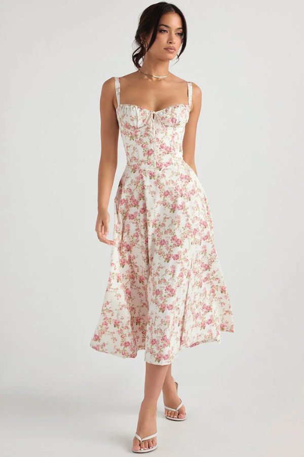 Amelie – Corset bloom – Floral midi dress-10174853448007-Ivory Ombre