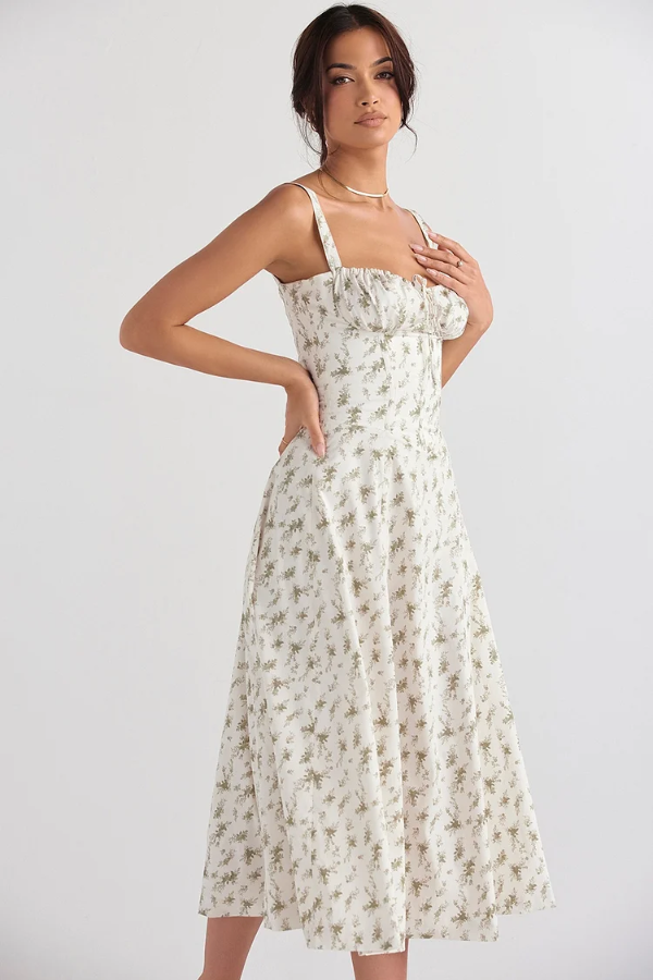 Amelie – Corset bloom – Floral midi dress-10174853448007-Ivory Ombre