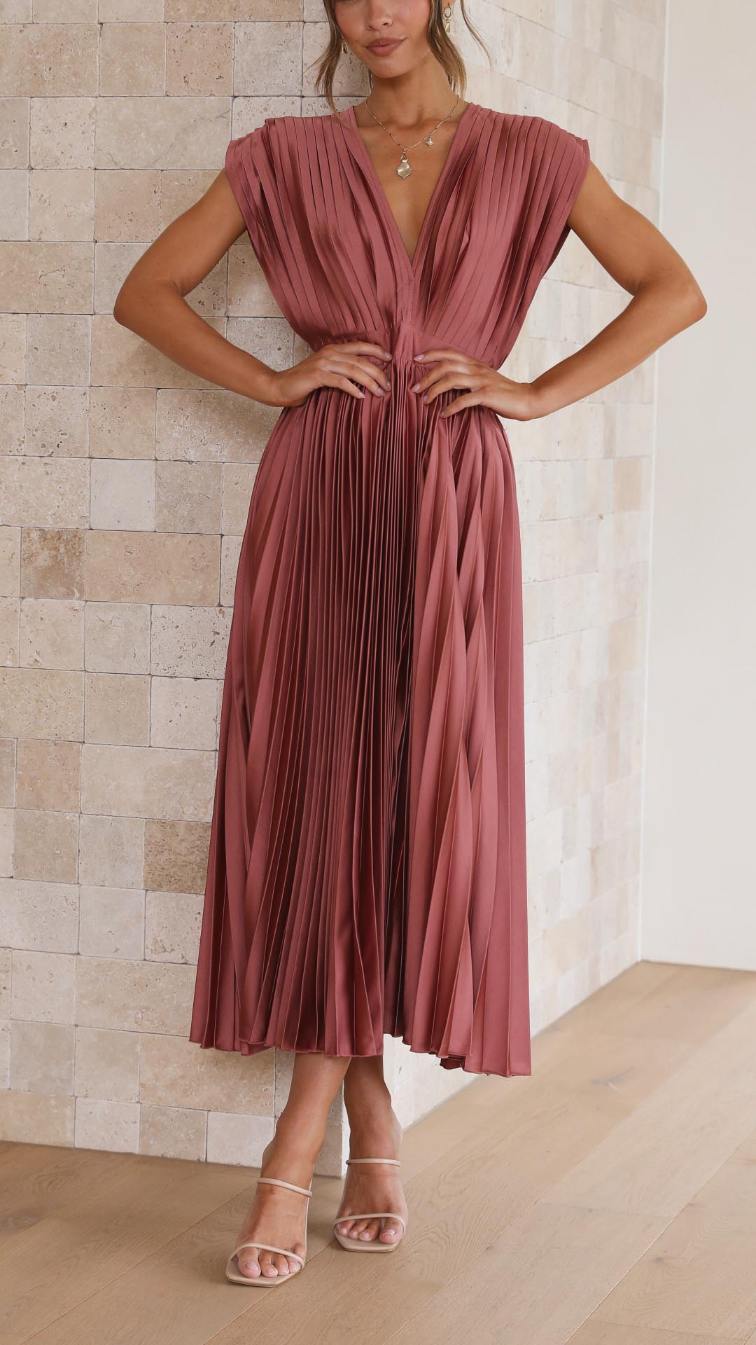 Amelisse – Pleated grace – V-neck midi dress-10174859018567-Ivory Ombre