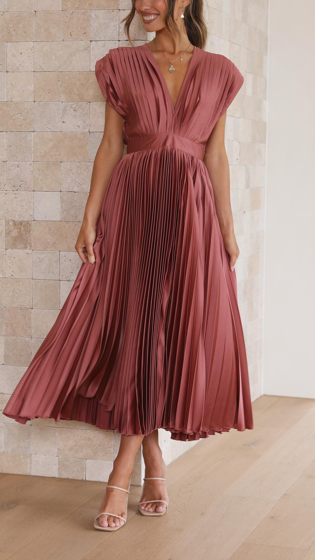 Amelisse – Pleated grace – V-neck midi dress-10174859018567-Ivory Ombre
