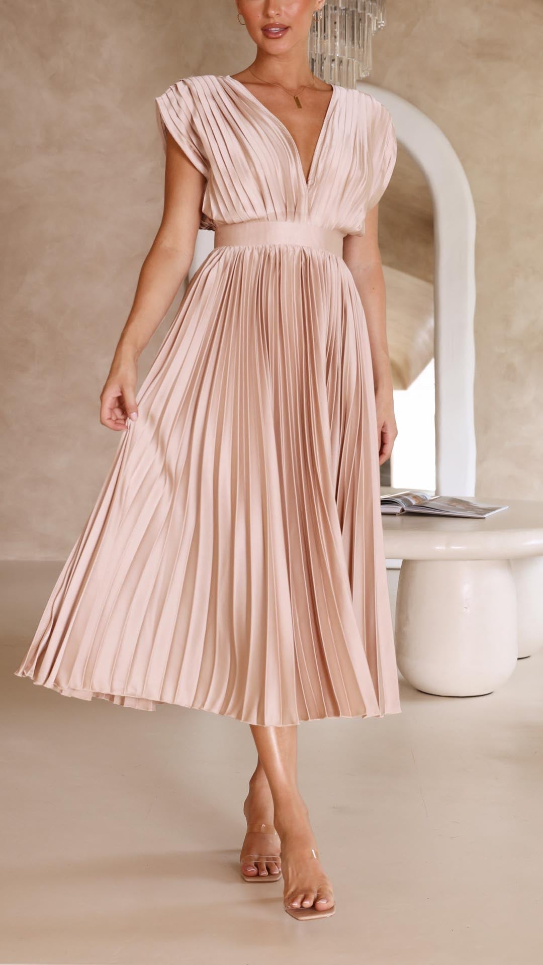 Amelisse – Pleated grace – V-neck midi dress-10174859018567-Ivory Ombre
