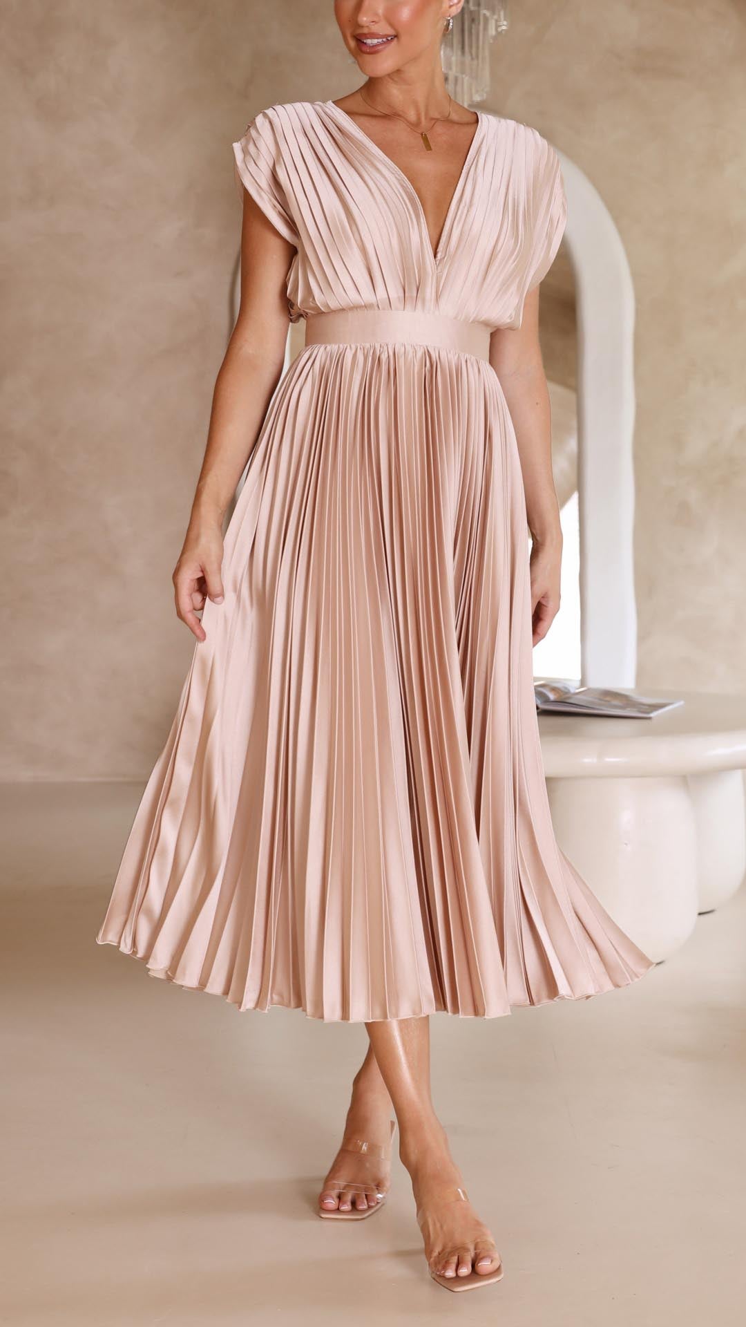 Amelisse – Pleated grace – V-neck midi dress-10174859018567-Ivory Ombre