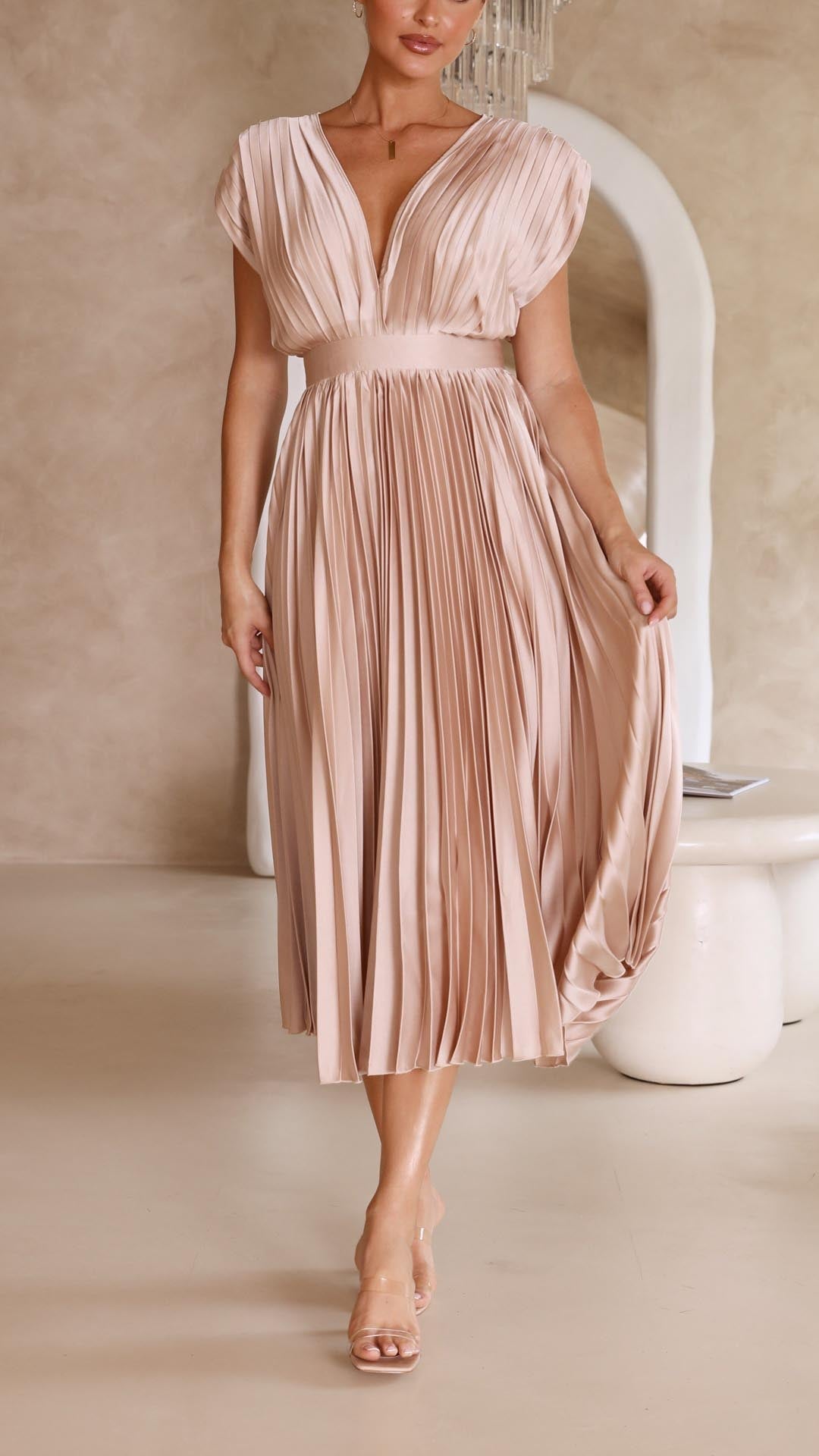 Amelisse – Pleated grace – V-neck midi dress-10174859018567-Ivory Ombre