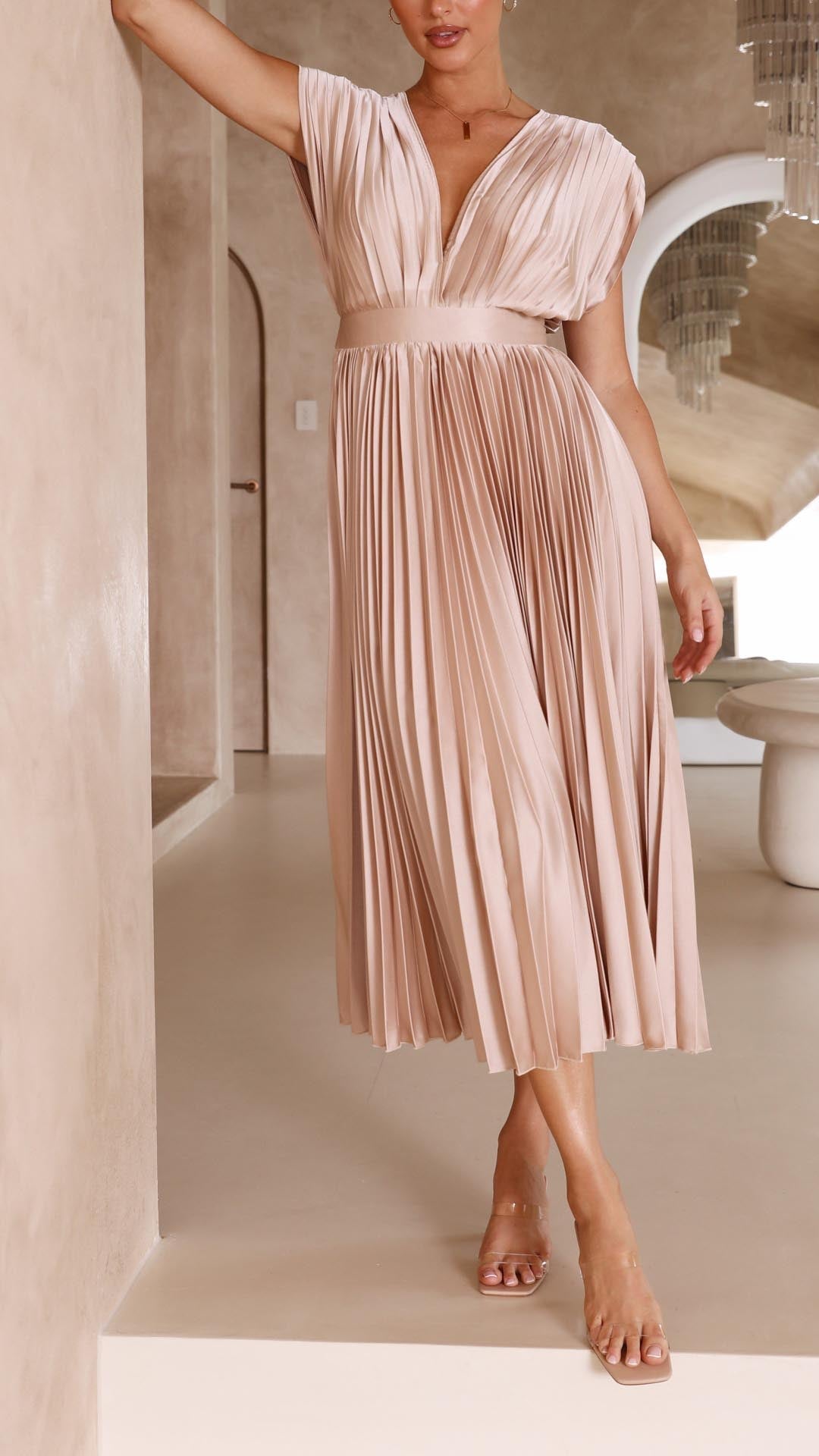Amelisse – Pleated grace – V-neck midi dress-10174859018567-Ivory Ombre
