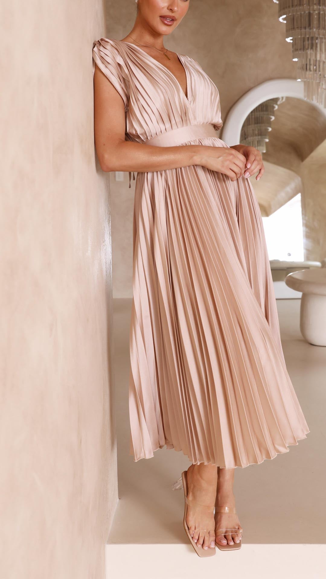 Amelisse – Pleated grace – V-neck midi dress-10174859018567-Ivory Ombre