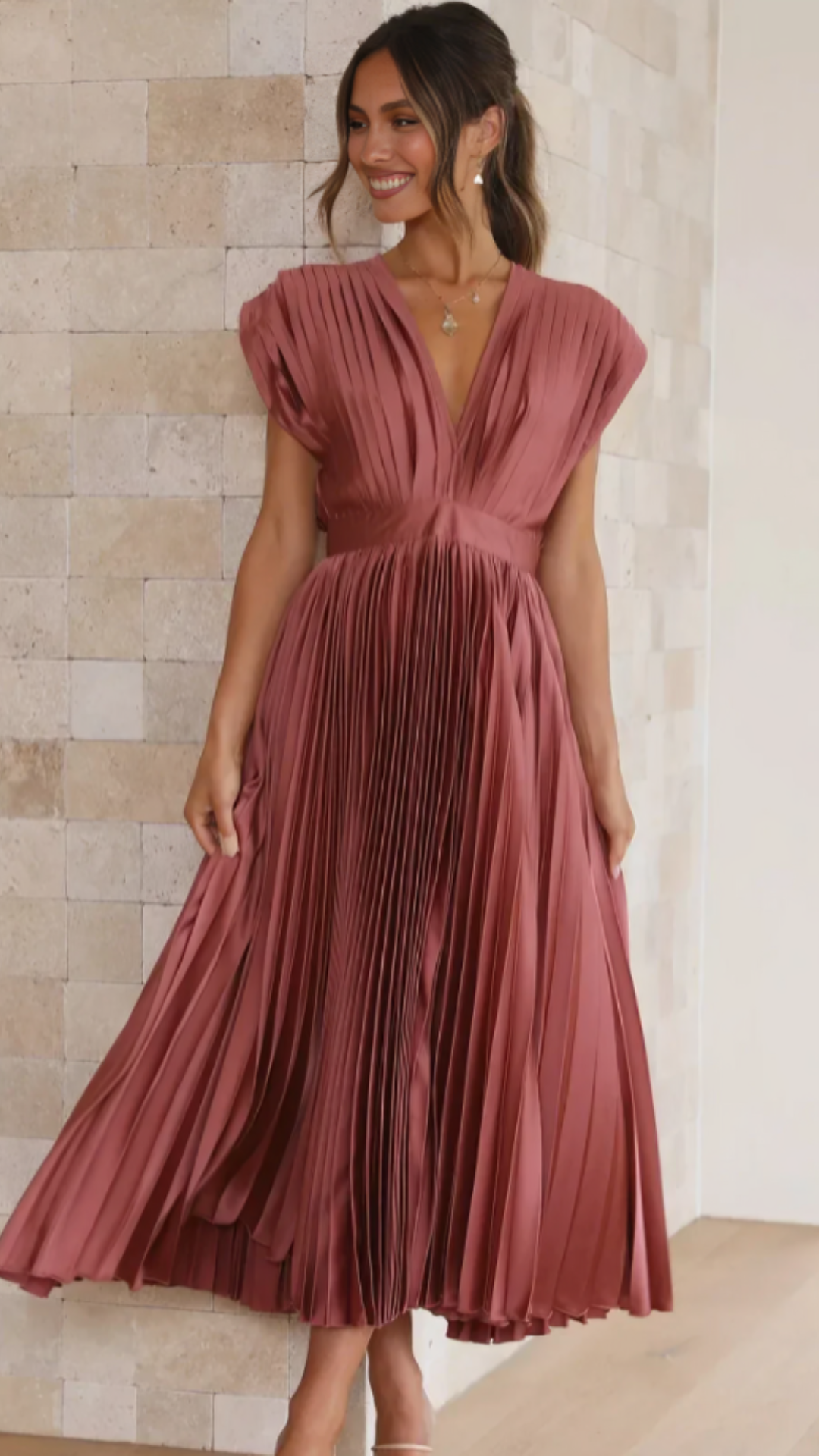 Amelisse – Pleated grace – V-neck midi dress-10174859018567-Ivory Ombre
