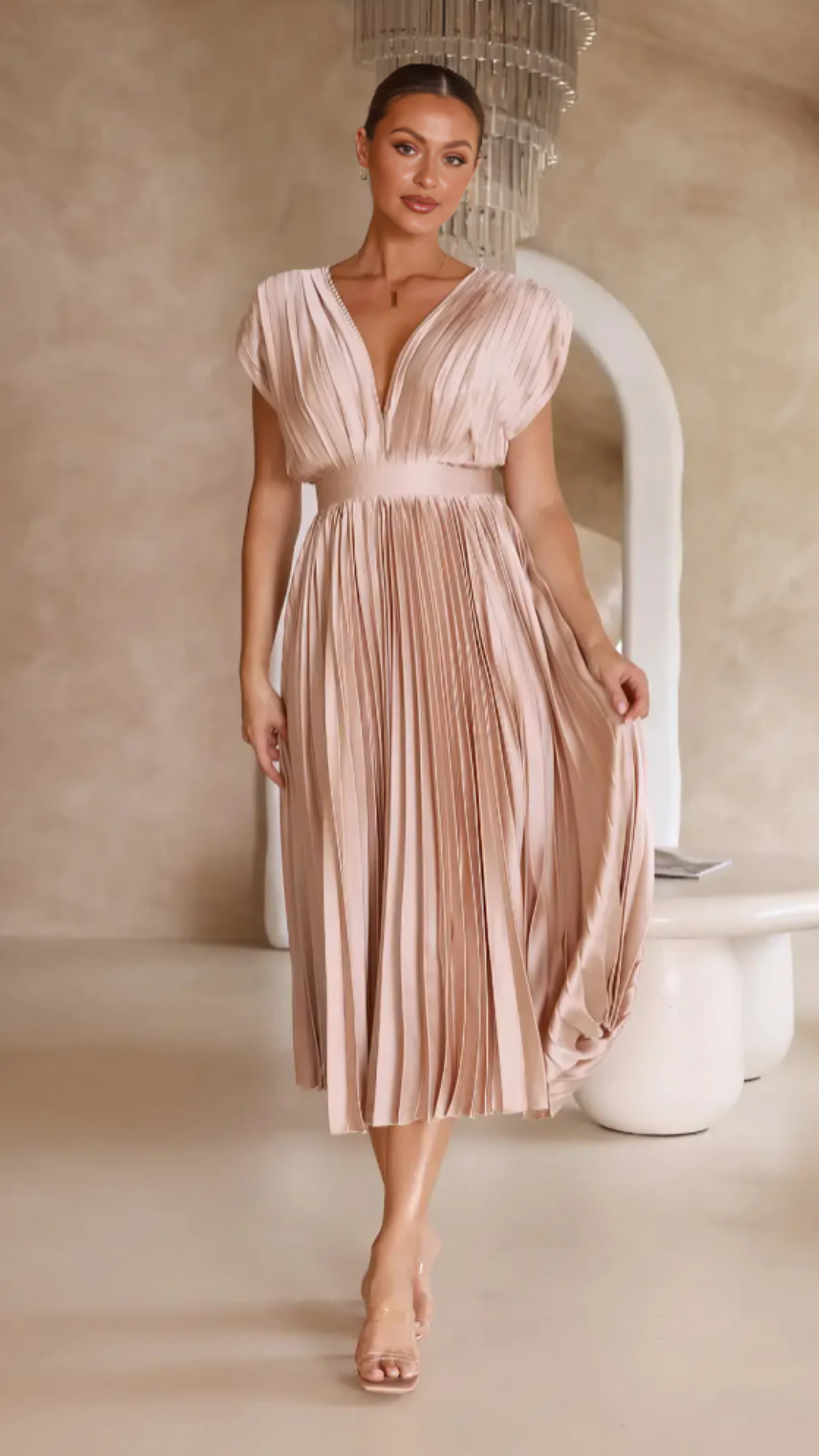 Amelisse – Pleated grace – V-neck midi dress-10174859018567-Ivory Ombre