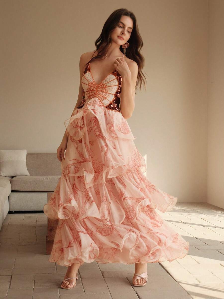 Anika – Tiered ruffle print – Maxi dress-10174870159687-Ivory Ombre