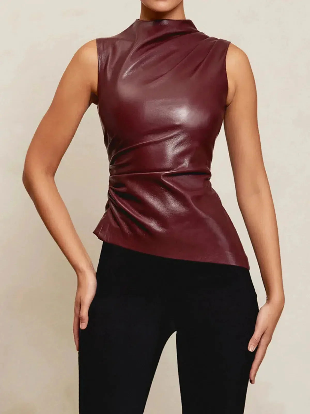 Arietta – Asymmetrical hemline – Faux leather top-10174842470727-Ivory Ombre