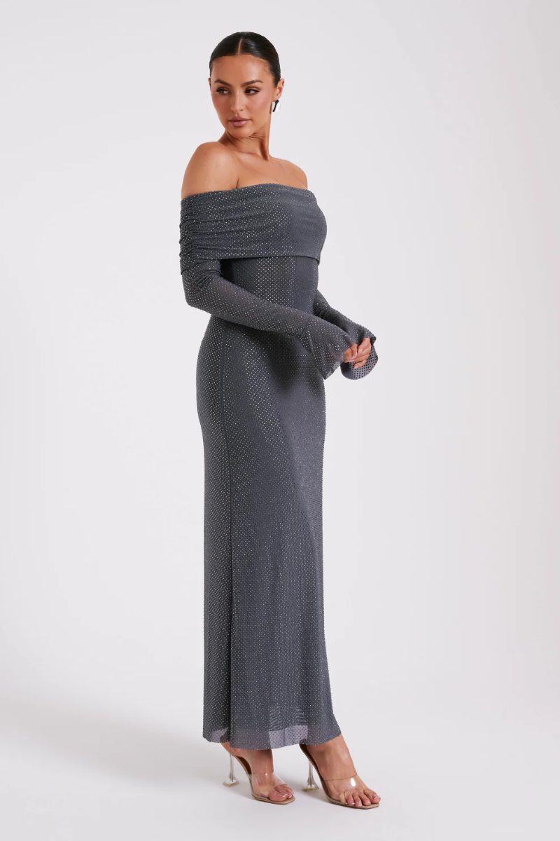 Aurelyse – Off shoulder shimmer – Knit evening dress-10174862688583-Ivory Ombre