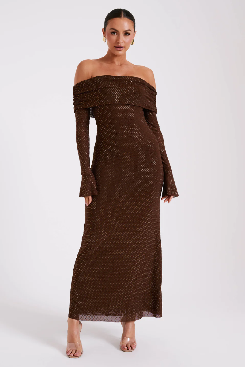 Aurelyse – Off shoulder shimmer – Knit evening dress-10174862688583-Ivory Ombre