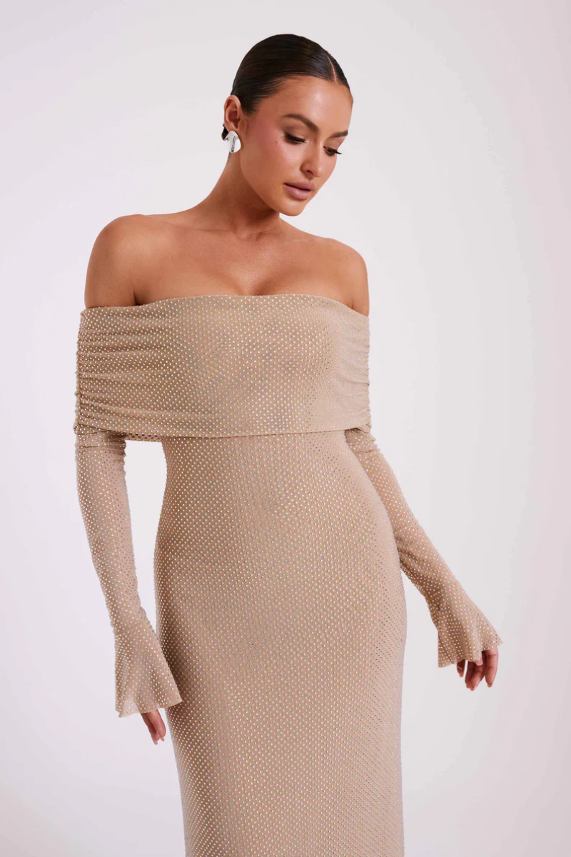 Aurelyse – Off shoulder shimmer – Knit evening dress-10174862688583-Ivory Ombre