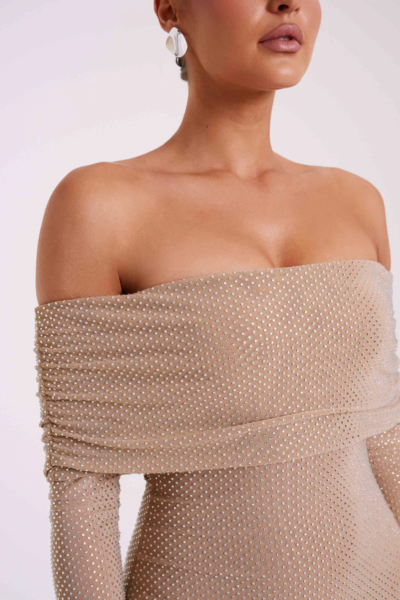 Aurelyse – Off shoulder shimmer – Knit evening dress-10174862688583-Ivory Ombre