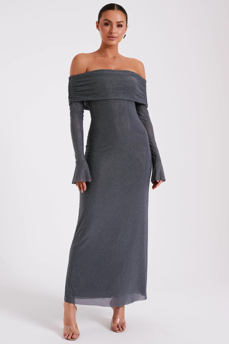 Aurelyse – Off shoulder shimmer – Knit evening dress-10174862688583-Ivory Ombre