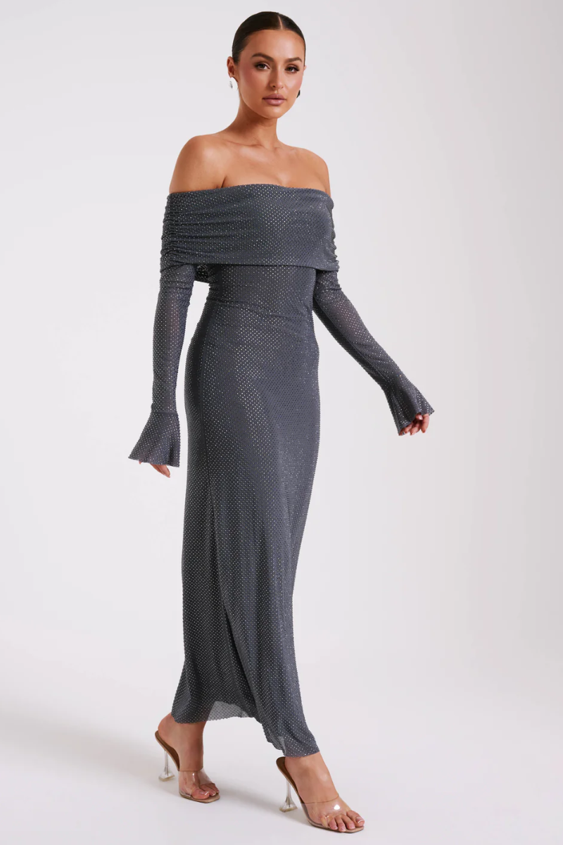 Aurelyse – Off shoulder shimmer – Knit evening dress-10174862688583-Ivory Ombre